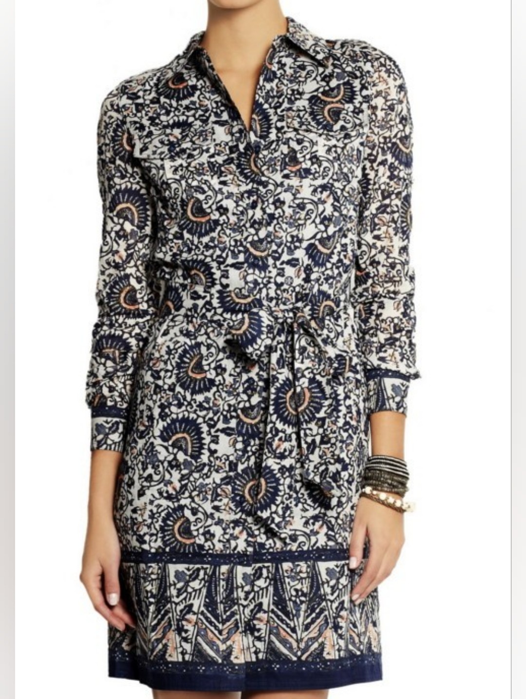 Tory Burch Brigette Cotton Voile Navy Printed Shirt Dress - Size 10
